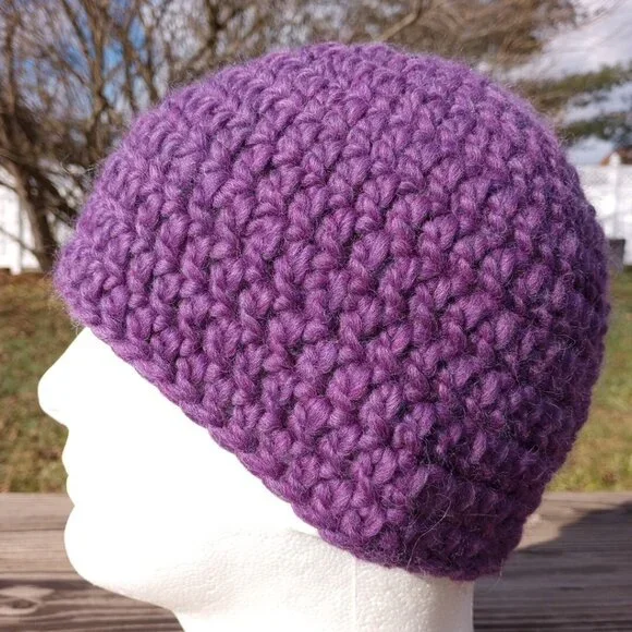 Womens Beanie Cloche Handmade Purple Crochet Hat Gray Brown Flower Pure New Wool - Picture 2 of 11